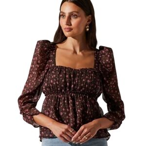 ASTR the Label Chocolate Brown Floral Chiffon Top‎ Size Medium